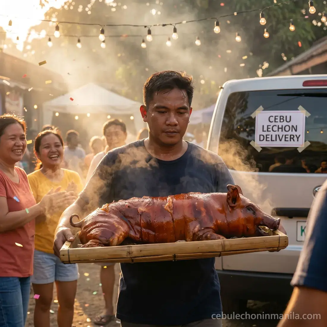 A whole Cebu lechon carried in, hot and glistening