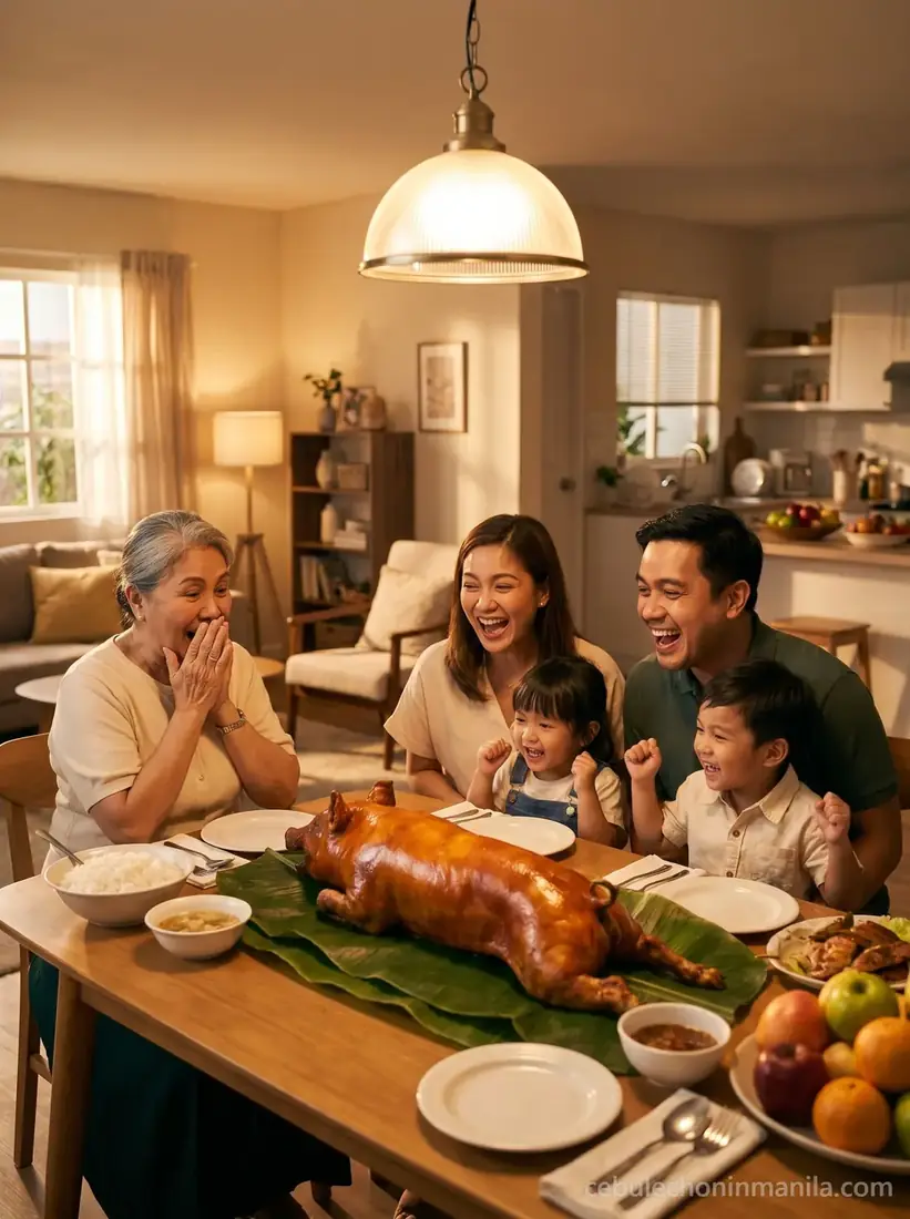 A Filipino family gathered in prayer around the lechon