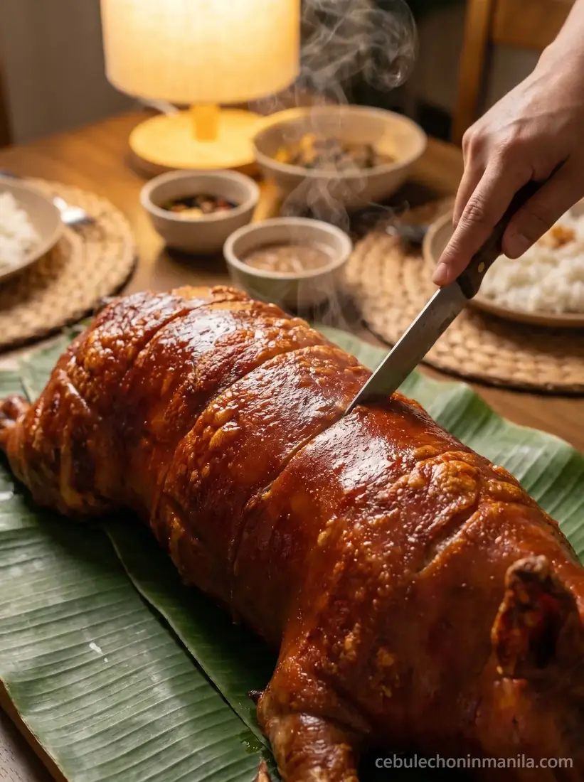 Crackling Cebu lechon being carved at the celebration table