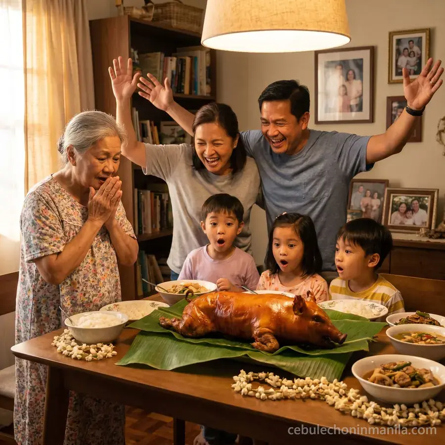 Family cheering around the lechon