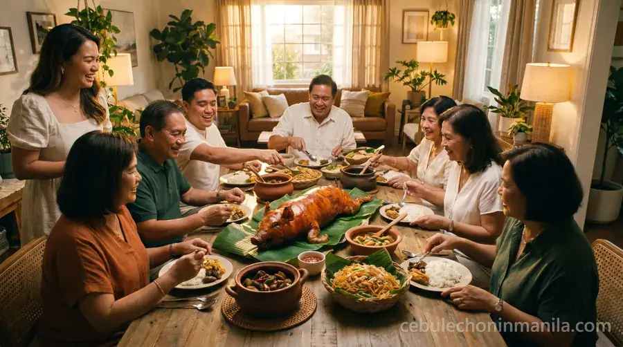 Big family feast around a whole Cebu lechon