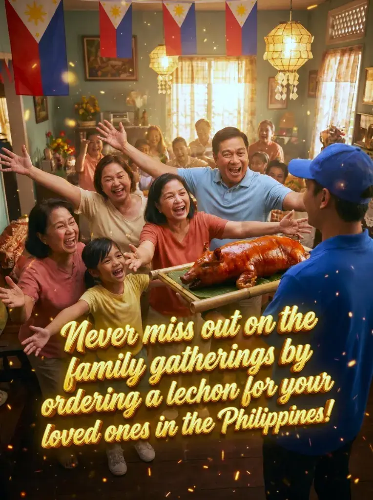 A family welcoming a Cebu lechon delivery at a home gathering