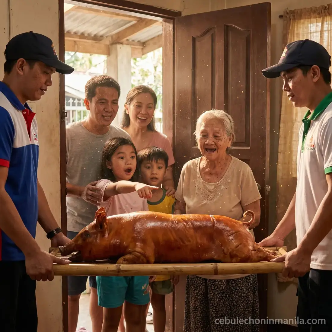 Filipino family opening the door to receive a whole Cebu lechon